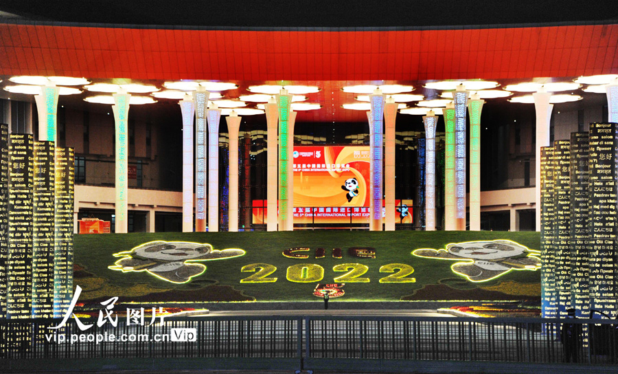 色鮮やかなイルミネーション煌めく輸入博会場の「四つ葉のクローバー」　上海