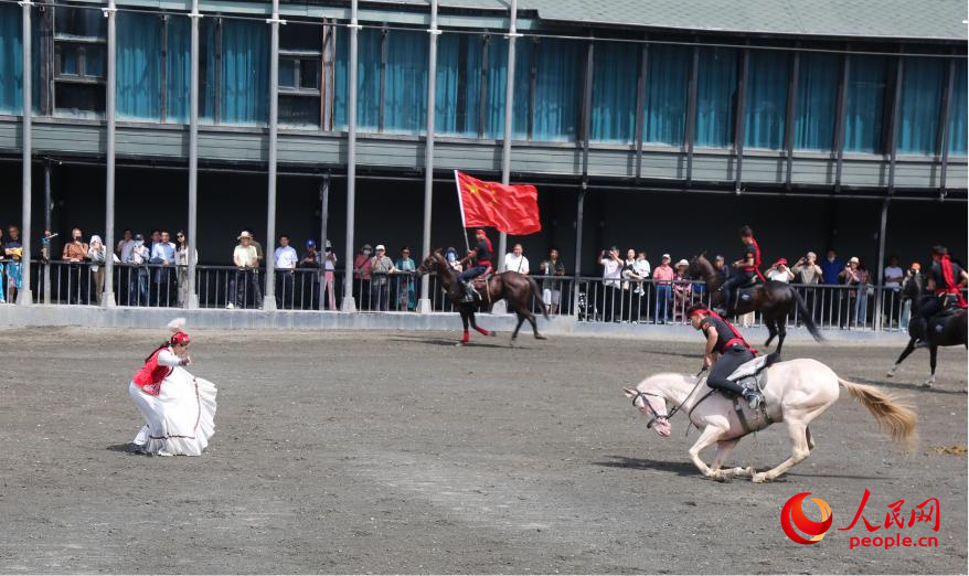 馬術パフォーマンスを披露する「汗血馬」（撮影・李龍）。