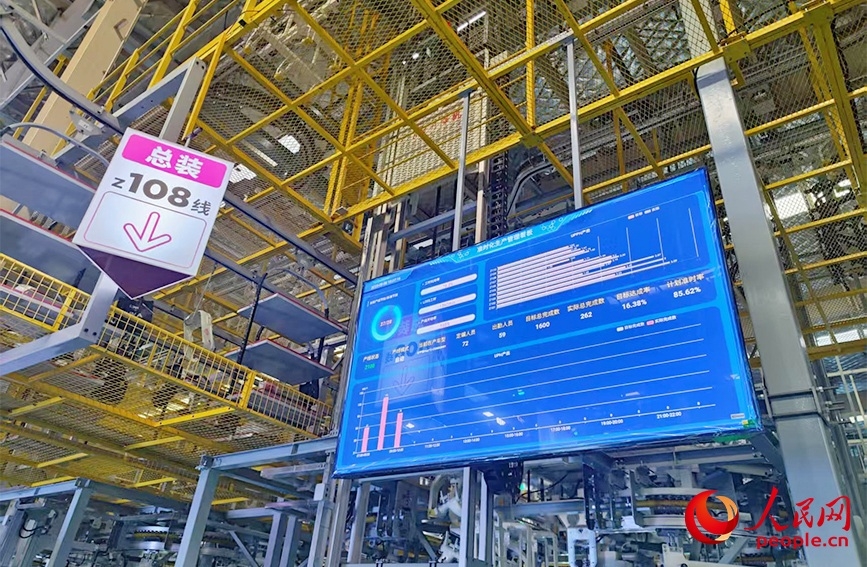 最終組立工場内の各生産ラインに設置されている「ジャストインタイム生産管理モニター」。撮影・ 郭維瑾