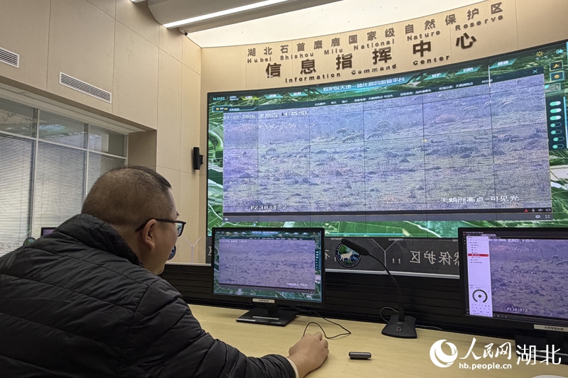 情報指揮センターで監視モニターを見る戈先美さん（撮影・張沛）。