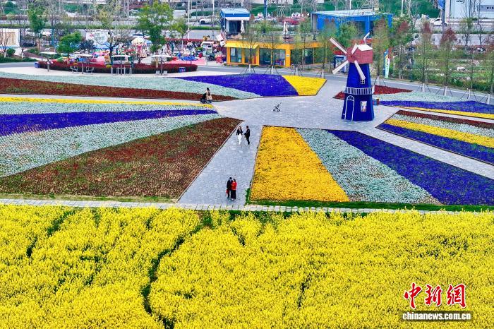 花畑をそぞろ歩きし、春を楽しむ市民　安徽省合肥