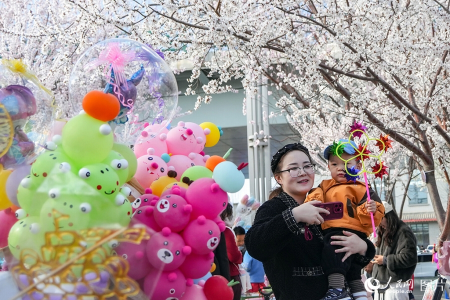 桃の花が満開となった内蒙古（内モンゴル）自治区呼和浩特(フフホト)公主府公園。特色ある文化クリエイティブグッズや玩具を販売する露店が人気を集め、春の「花経済」が消費の活力を引き出している（4月5日撮影・張力洋）。