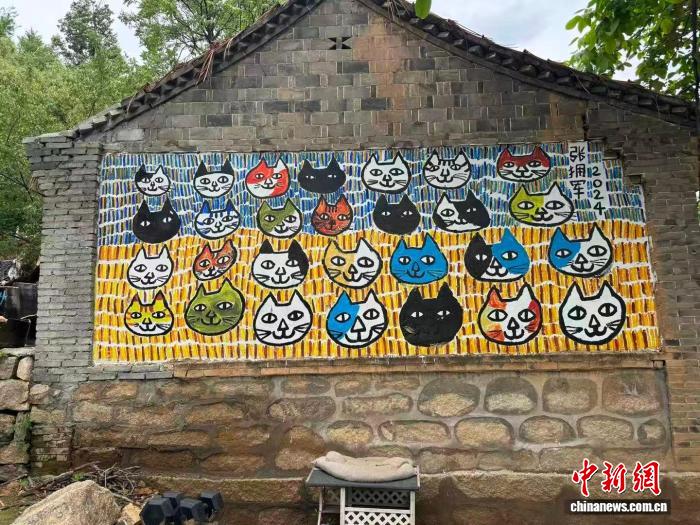 「ネコ村」の建物の壁に描かれたネコのイラスト（5月27日撮影・趙丹媚）。